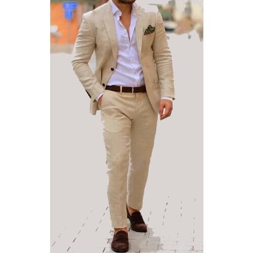 Classic Summer Mens Suit Champagne Beach Linen Wedding Suits For Men Groom Tuxedo 2 Pieces Casual Mens Suits Jacket Suit Pants