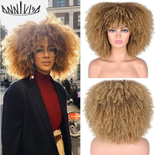 Short Hair Afro Kinky Curly Wig With Bangs For Black Women Synthetic Mixed Brown And Blonde Glueless Cosplay Wigs Heat Resistant