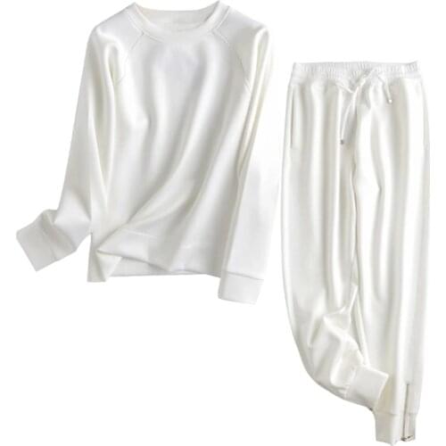 Aachoae Loose Casual White Women Tracksuit 2 Piece Set 2021 O Neck Pullover Sweatshirt High Waist Sweatpants Outfits Sets