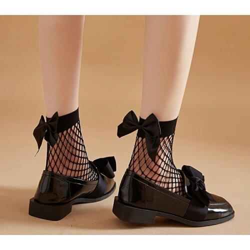 Summer Mesh Women Sock Cute Big Bowknot Black White Short Socks Breathable Thin Fishnet Girls Socks