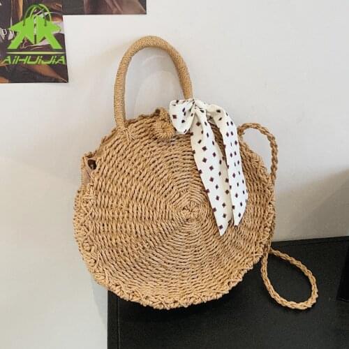 Fashion Ribbon Design Straw Lady Messenger Bags Bohemian Shoulder Bag 2021 Summer New Round Shape Seaside Resort Women Handbag