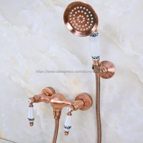 Wall Mounted Red Copper Antique Bath Faucets Bathroom Basin Mixer Tap Crane With Hand Shower Head Shower Faucet Sets Bna301
