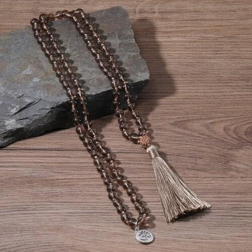 OAIITE 108 Tea Crystal Mala Bead Necklace Women Hand Knotted Meditation Jewelry Long Silk Tassel Yoga Mala Jewelry