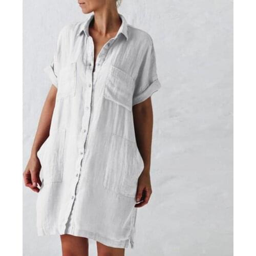 Womens Dresses 2021 Summer Dresses Fashion Women Short Sleeve Buttons V-neck Irregular Pocket Shirt Type Dress Streetwear