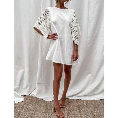 Dresses for Women 2021 Fashion Female White O-neck Loose Hollow Out Splicing Short Sleeve Casual Sexy Mini Dress Vestidos Cortos
