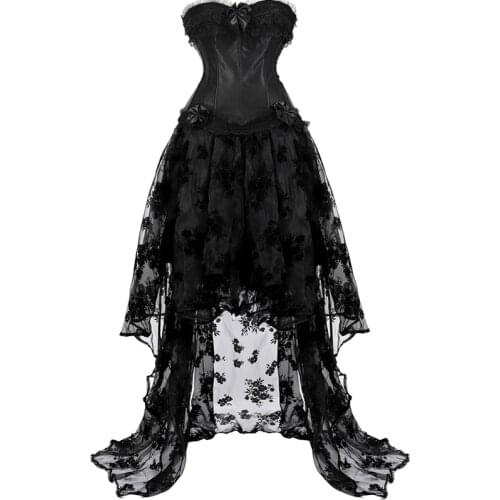 Corset dresses high and low skirt tulle long party floral lace corselet overbust bustier plus size gothic sexy black halloween