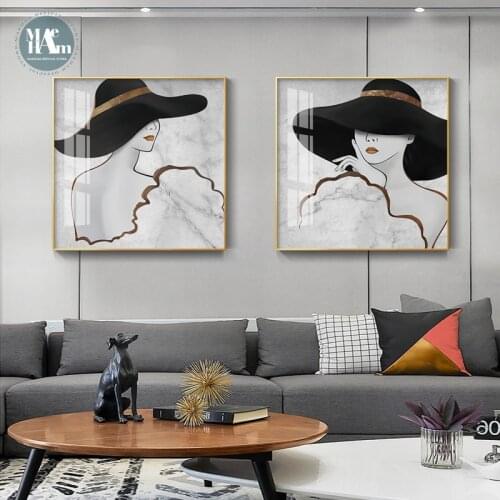 Hand drawn lines beauty with hat and red lipswall art Canvas Prints Posters Wall Pictures for living room Morden decor Nordic