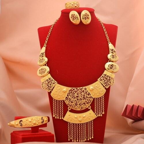 Dubai Luxury wedding jewelry set 24K Gold Color African Wedding bridal bracelet necklace earrings ring jewellery set for women