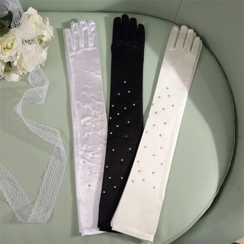 60cm Rhinestone Women Girls Sexy Satin Long Finger Gloves Wedding Dress Gloves Dance Drama Performance Props Party Supplies