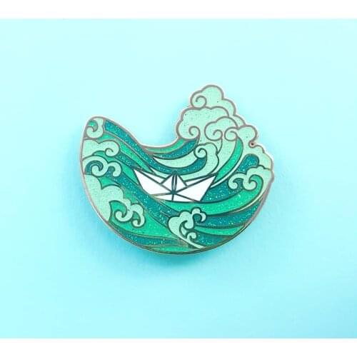 Pretty Glitter Huge Waves Hard Enamel Pin Funny Cartoons Paper Boat Medal Brooch Fashion Lapel Backpack Pins Jewelry Unique Gift