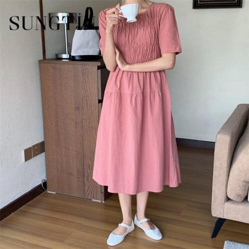 Sungtin Summer Solid Folds Maxi Dresses Women Casual Vintage A Line O Neck Pink Dress Korean Fashion Elegant Bodycon Vestidos