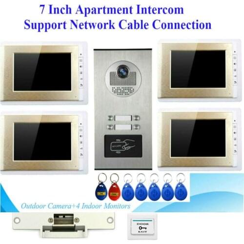7" Video Door Phone Intercom System RFID Access Doorbell Camera for 2 / 3 / 4 Family Apartment + Electric Strike Lock
