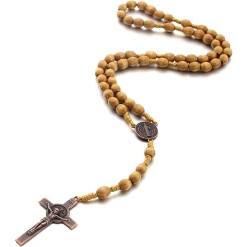Handmade Weave Saint Benedict Medal Antique Wooden Rosary Cross Necklace Vintage Catholic Religious Jesus Necklace