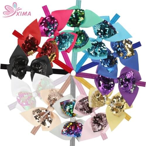 XIMA 12pcs/lot 4.5''Reversible Sequin Bows with Headband Children Elastic Hairband Kids Headband Hair Accessories