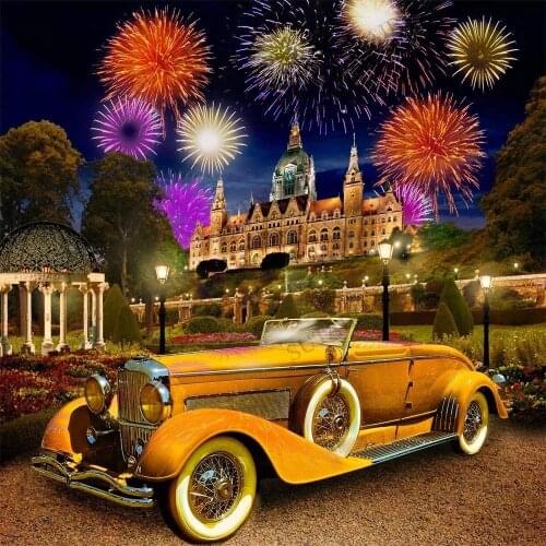 Princess Castle Firecrackers Fireworks Vintage Yellow Car Backdrops Quality Computer Print Party Background Photography Studio