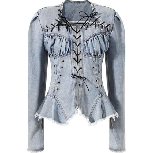 Women Lace Up Bandage Denim Jakcet Square Collar Eyelet Spring Autumn High Waist Tunic Jeans Jacket