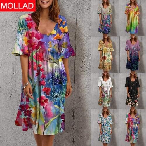 2021 New Hot Push Europe and America Womens Clothing round Neck Shirt with Half Sleeve Dress Multicolor Printed Dress