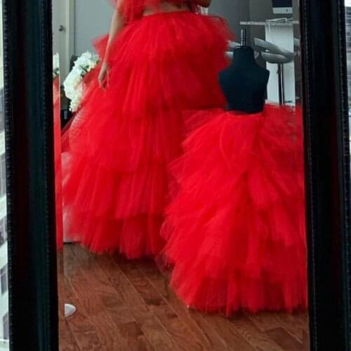 Hot Sale Tiered Tulle Long Skirt Adult Ball Gown Prom Skirts Custom Made Puffy Ruffles Tulle Tutu Wedding Skirt Red Photoshoot
