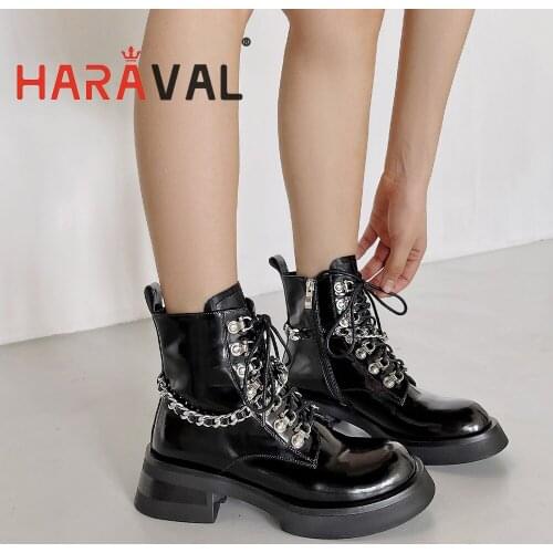 HARAVAL Women Ankle Boots Shoes Round Toe Thick Heels Patent Leather Black Motorcycle Boots Shoes Women Cross-tied Solid E441L