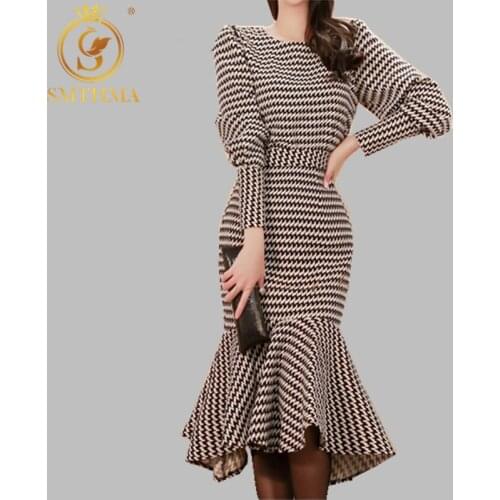 SMTHMA Winter New two-piece Sets Korean temperament Slim houndstooth top+ Sexy fishtail skirt suit