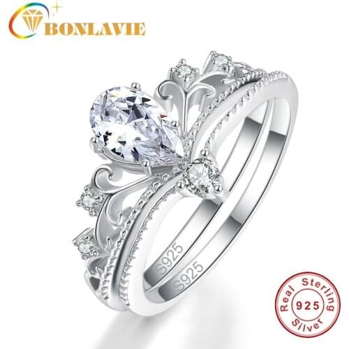 100% S925 Sterling Silver Ring 2PCS Water Drop Clear Crystal Crown Ring Set Classic Fine Jewelry Women Party Gift