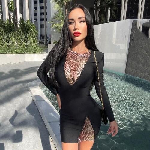 2020 Winter New Womens Mini Bandage Dress Hollow Fishnet Rhinestone Long Sleeve Sexy Side Open Celebrity Runway Party Dresses