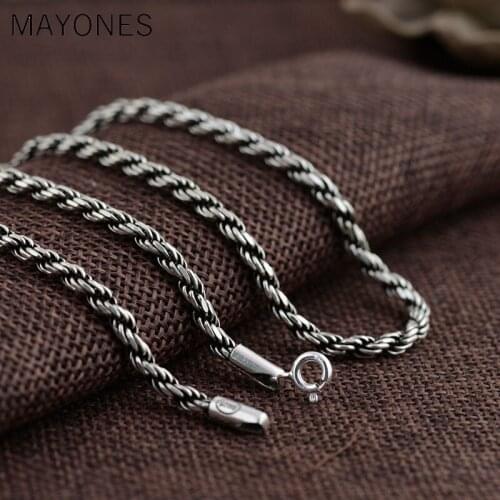 3mm Retro Twist Rope Chain Necklace for Men Women 925 Sterling Silver Necklace Mens Black Thai Silver Jewelry