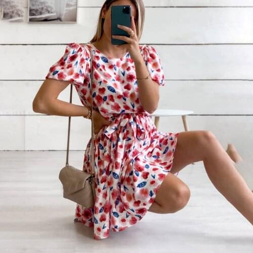 Loose Short Sleeve Floral Print Mini Dress Woman Summer O-neck Elastic Waist Dresses For Women 2021 Casual Lace Up Office Robe