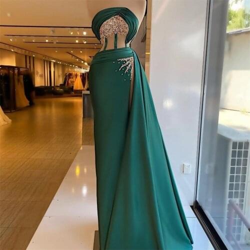 2021 Green Strapless Prom Dresses Sequins Side Split Pleat Beading Evening Gowns Women See Thru Party Dress