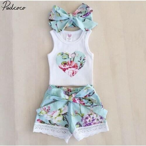 3pcs Toddler Baby Girl Clothes Tops Floral Vest +lace Shorts Pants Outfits Set