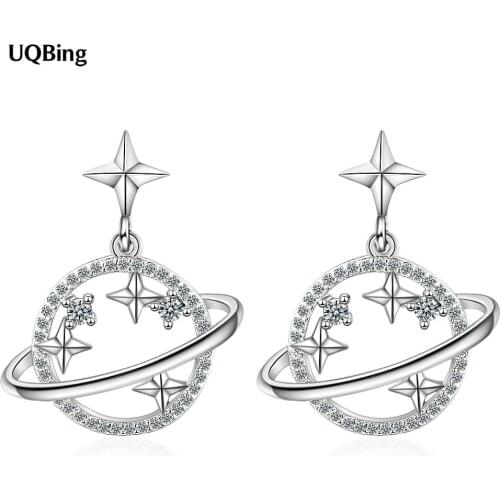 925 Sterling Silver Circle Round Planet Star Crystal Stud Earrings Gift For Girlfriend Wife