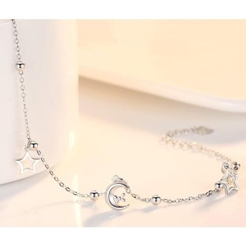 925 Sterling Silver Stars And Moon Anklet Ornament For Women Bracelet On The Leg Jewelry Foot Chain Beach Accessories Gift 23 CM