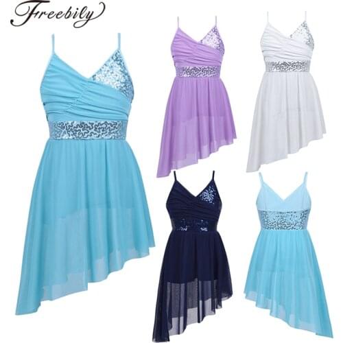 Teen girls V-Neck Sequin Ballet Tutu Dress Kids Girls Lyrical Contemporary Latin Dance Costumes Ballerina Party Dance Leotard