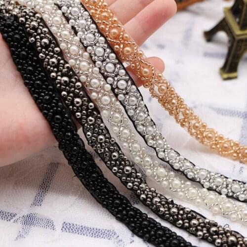 White Pearl Seed Bead Beaded Trims Sew On collar Ribbon 1cm 1.5cm Width for Jewelry Headpiece DIY Dress belt