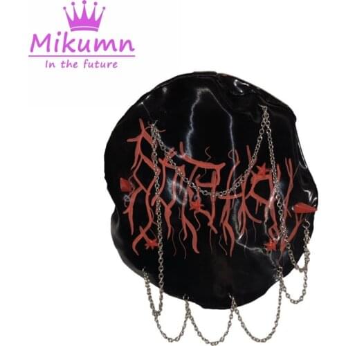 Harajuku Gothic Punk Devil Horns Chain Rivet Black Beret Hat Women Casual Pu Leather Fashion Streetwear Rock Hip Hop Caps