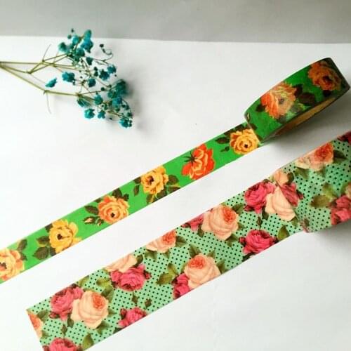 Free shipping 15mm*10m/30mm*5m high quality washi paper tape/Green background Rose and Peony masking japan washi tape