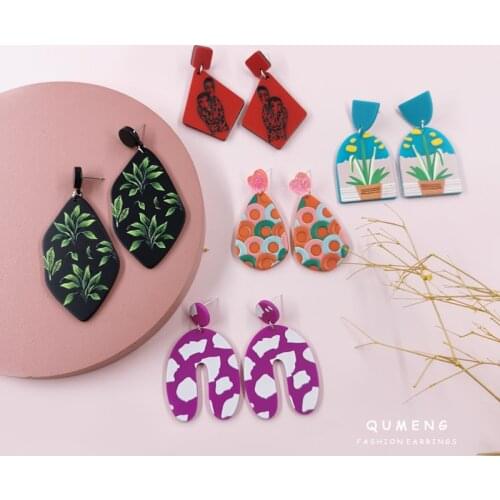 Bohemian Colorful Plant 3D Printed Unique Acrylic Trendy Drop Earrings For Women Geometric Girl Jewelry Fashion Party Wholesale