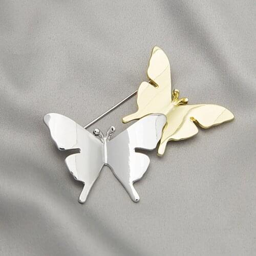 VSnow Minimalist Gold Silver Color Butterfly Two-color Brooch for Women Statement Metal Animal Glossy Party Brooch Jewellery