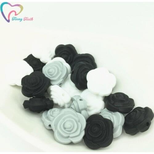 Baby Teething Beads 9 PCS Monochrome Rose Flower Food Grade DIY Chewable Jewelry Silicone Necklace Bracelet Accessories BPA Free