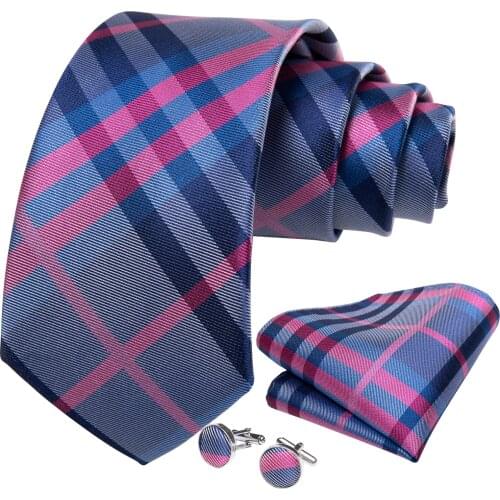 DiBanGu Mens Necktie Blue Red Plaid Design Silk Wedding Tie For Men Tie Hanky Cufflinks Set Fashion Bussiness Party SJT-467