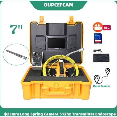 Φ23mm Long Spring 512hz Camera Drain Pipe Sewer Inspection Endoscope 7" Screen DVR Keyboard Meter Counter 5mm Cable Yellow Case