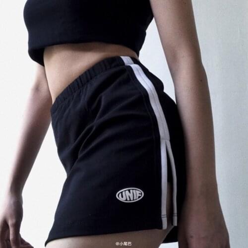 Korean Trainning Style Black Side Split Shorts Skirts Casual Elastic Waist Contrast Color Women Casual Short Shirts