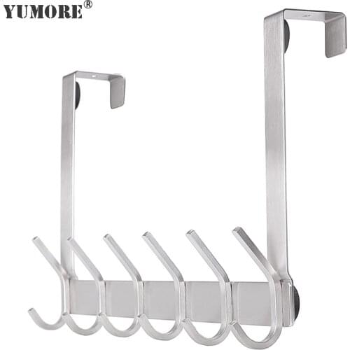 YUMORE 304 Stainless Steel Over The Door Hook Heavy Duty Door Hanger For Coat Robe Hat Towel Kitchen Bathroom Hooks With 6 Hooks