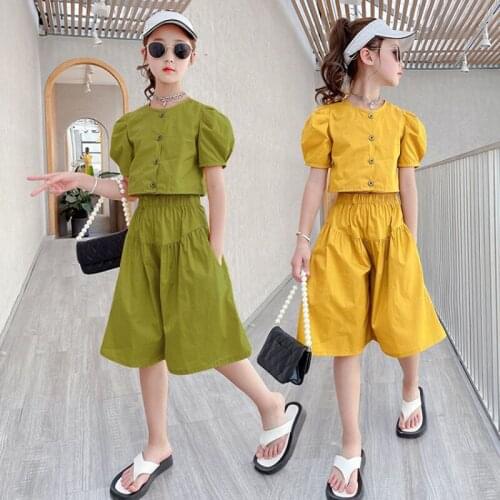 Summer Girls' Clothing Sets Short-Sleeved T-Shirt+Pocket Wide-Leg Pants Baby Kids Clothes Suit Sports Big ChildrenS Clothing
