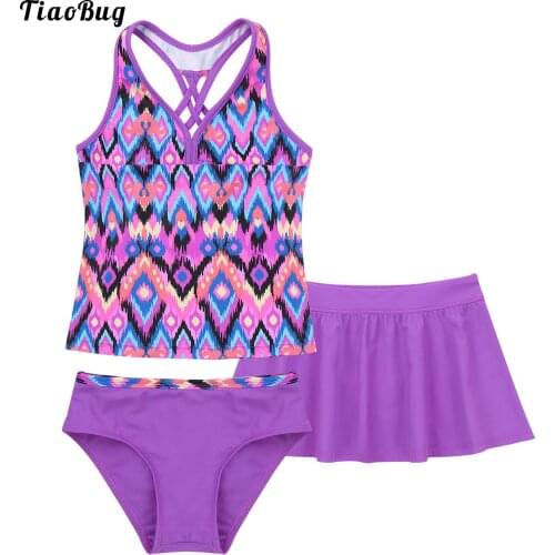 Summer 3Pcs Kids Girls Swimsuit V Neck Sleeveless Spaghetti Straps CrissCross At Rear Top With Briefs And Skirt Set Beach Bikini