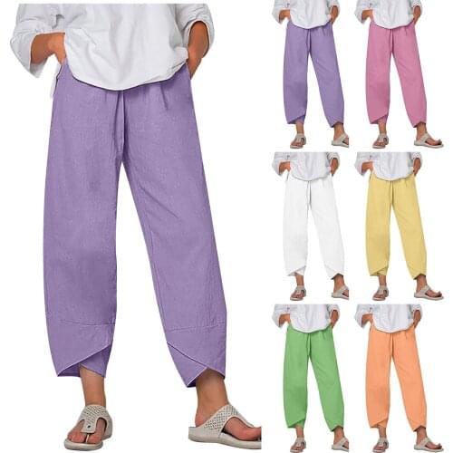 Linen Pants Women Summer Fashion Solid Comfort Cotton Linen Casual High Waist Loose Long Straight Pants Cropped Pants Plus Size