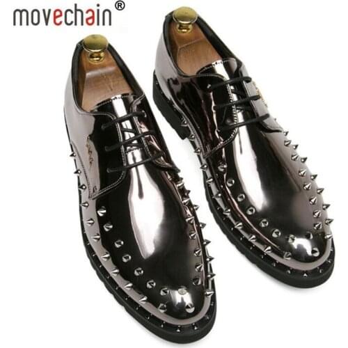Movechain Mens PU Patent Leather Rivet Shoes Mens Fashion Oxford Party Club Lace Up Shoes Men Business Dress Shoe