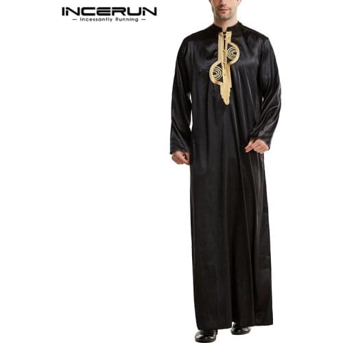 Men Muslim Jubba Thobe Islamic Arabic Kaftan Stand Collar Long Sleeve Retro Embroidery Robes Dubai Leisure Men Clothing INCERUN
