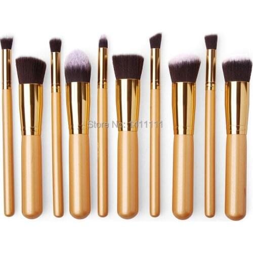 Wholesale DHL Free Shipping HQ GOLD Color 10pcs in 1 Pro Foundation Eyeshadow Eyebrow brush Makeup Brushes Set Kit MB125