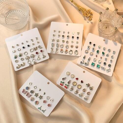 New trendy mixed small geometric crystal rhinestone pearl stud earring set for women girl cute lovely heart cherry kid jewelry
